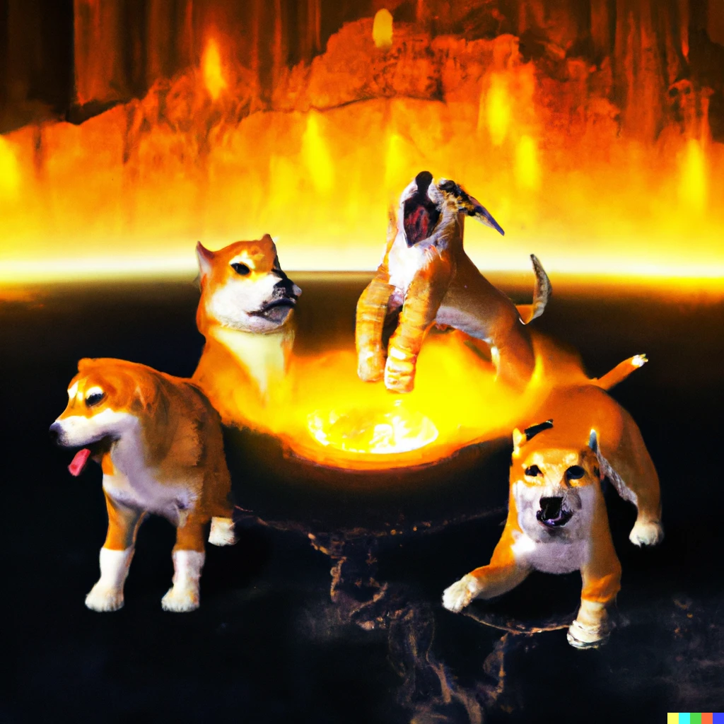 Prompt: Doges playing around the molten core of world of warcraft