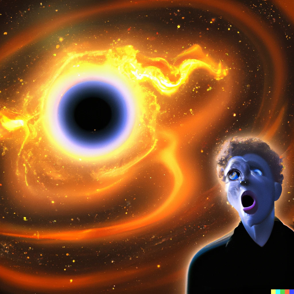 Prompt: A blackhole consuming itself observed by a astrophysicist in shock