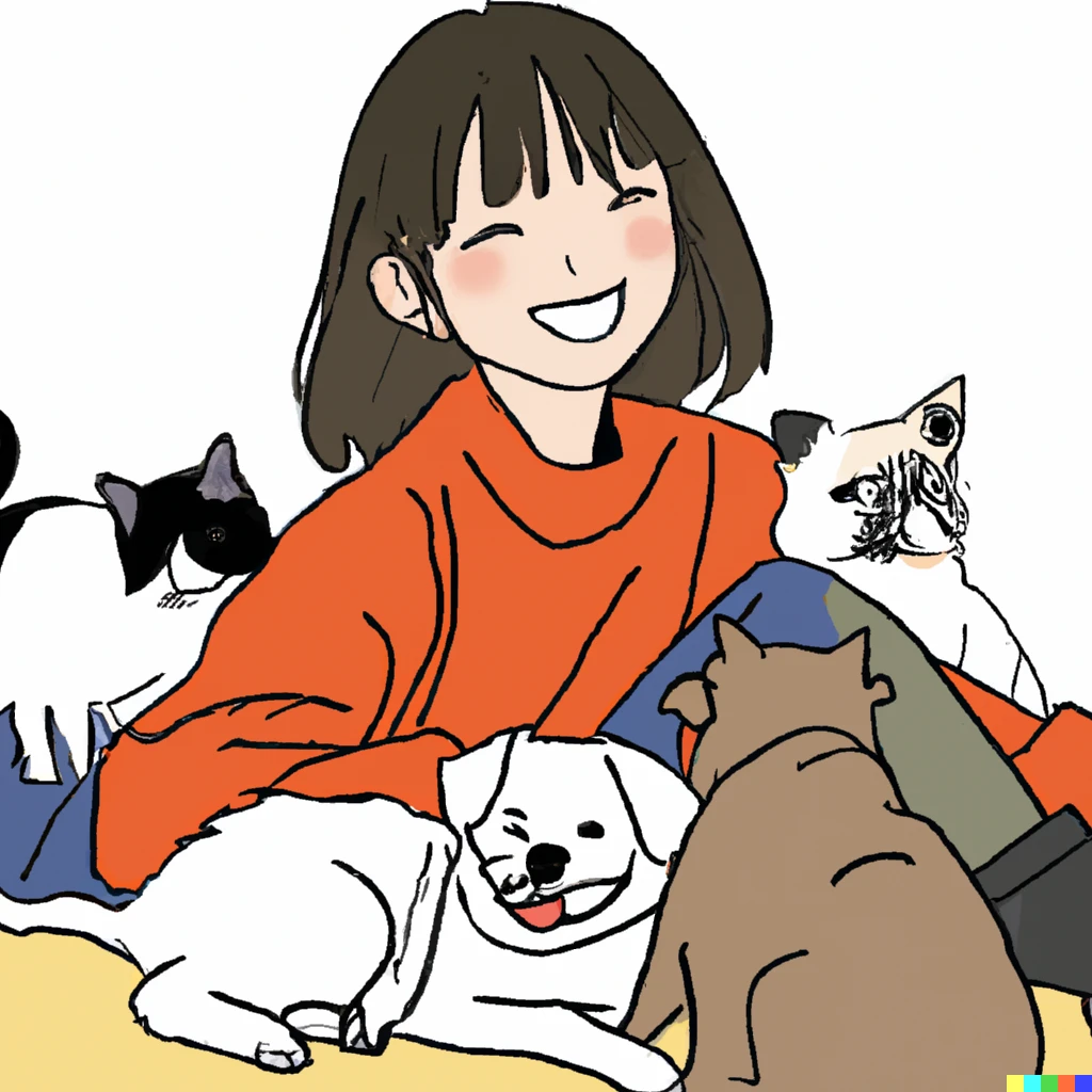 Prompt: a happy girl surrounded by a full of dogs and cats