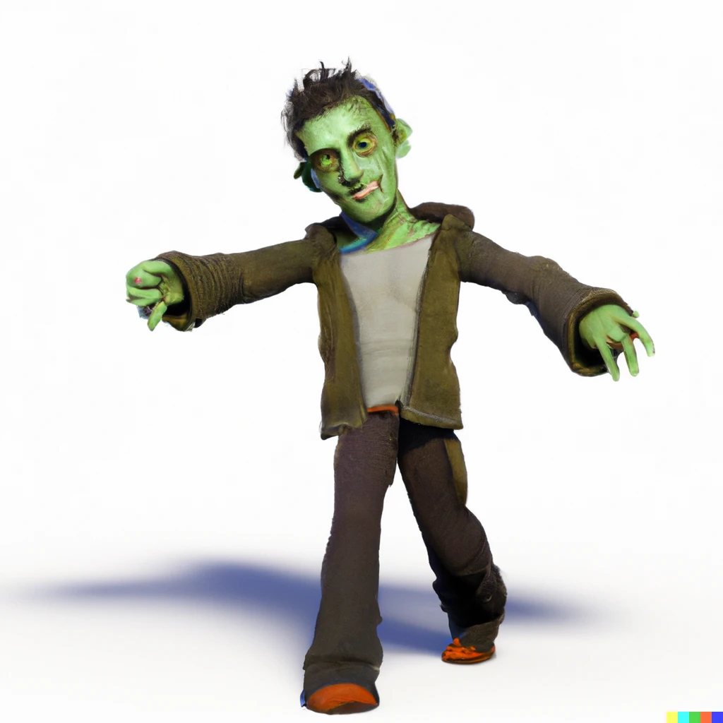 Prompt: A 3d render of a zombie with ragged clothing coming towards the camera, arms outstretched and teeth visible