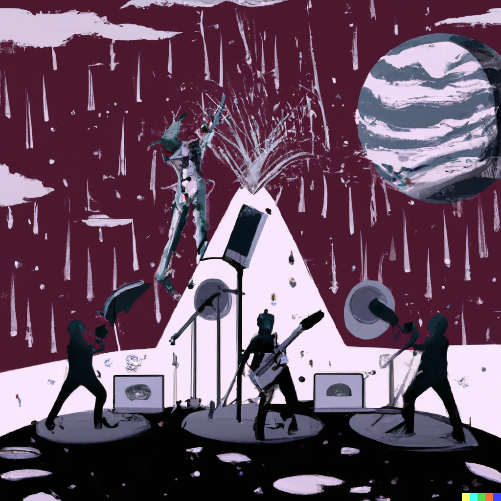 Prompt: A metal band plays in a gigs on Mars while it's raining making the planet grey