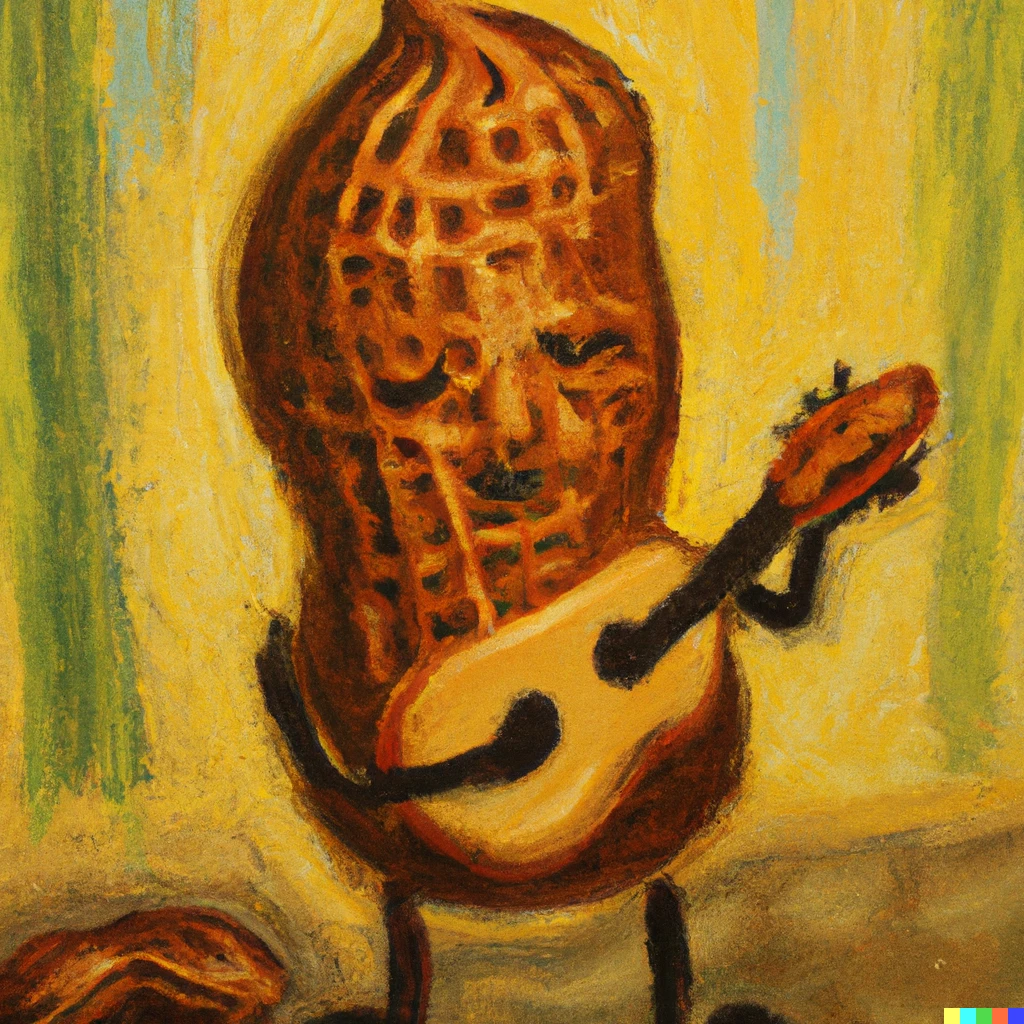 Prompt: an impressionist painting of a peanut playing msuic