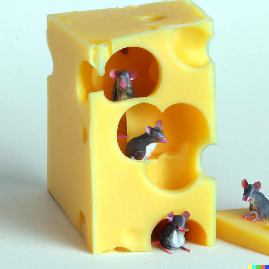 Prompt: Mice living in a tower block made of cheese.