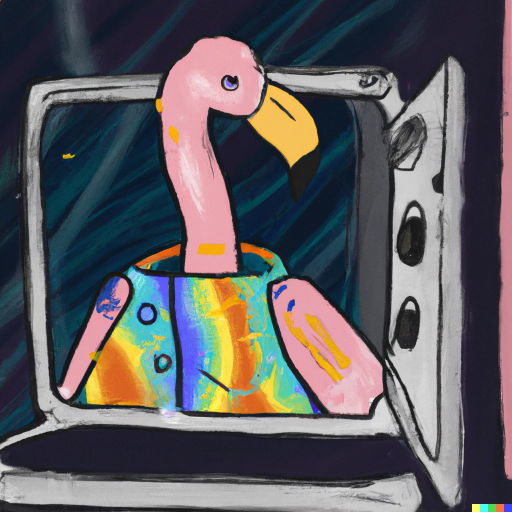 Prompt: a rainbow flamingo wearing a spacesuit in an oven