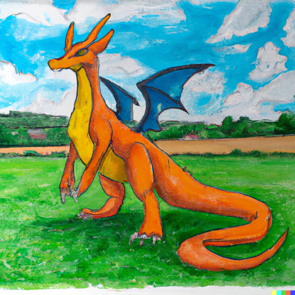 Prompt: High quality painting of the Pokémon charizard on the grass of a beautiful farm 