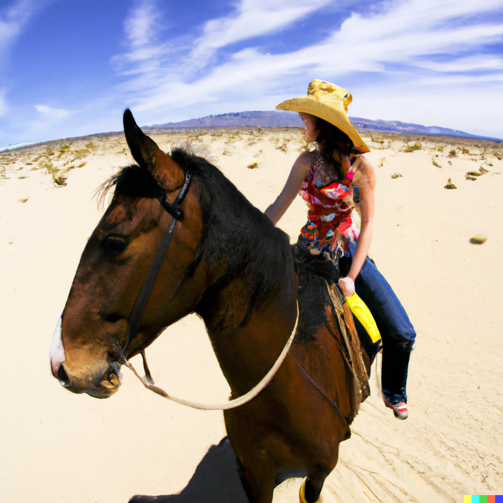 Prompt:  cowgirl in bikini riding horse in the desert 