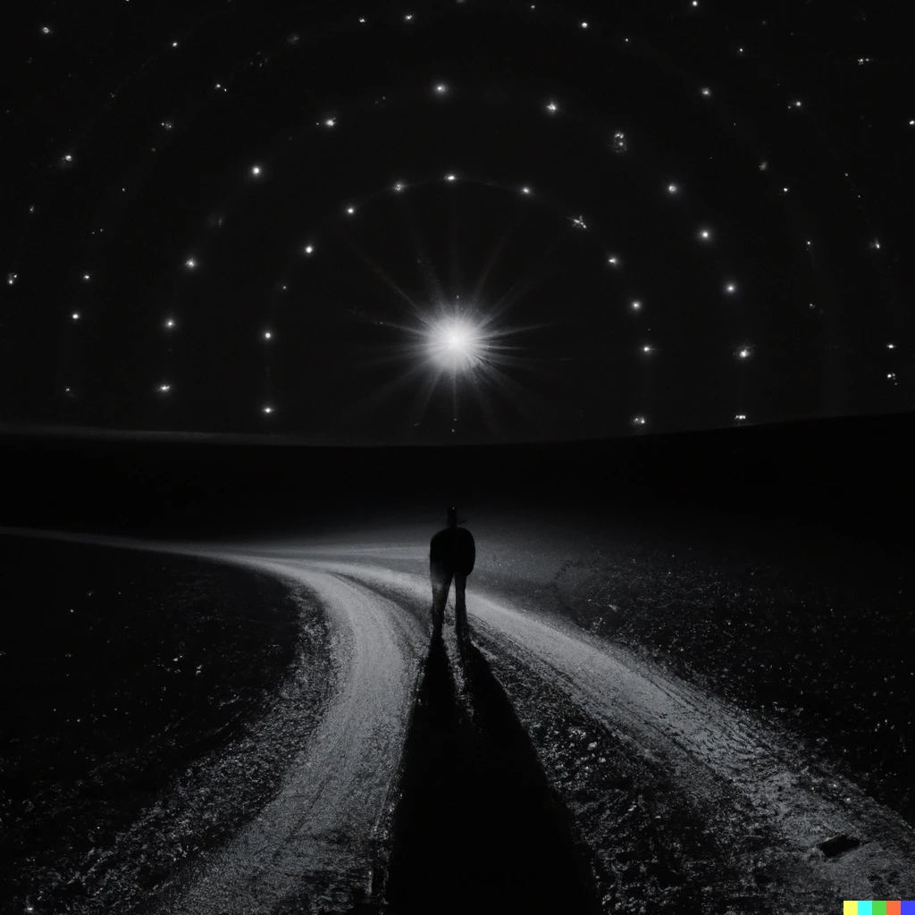 Prompt: A view from the middle of a dirt road at night with a dark silhouette of a man in the distance and an oval shape blending in the dark starry night photorealistic 