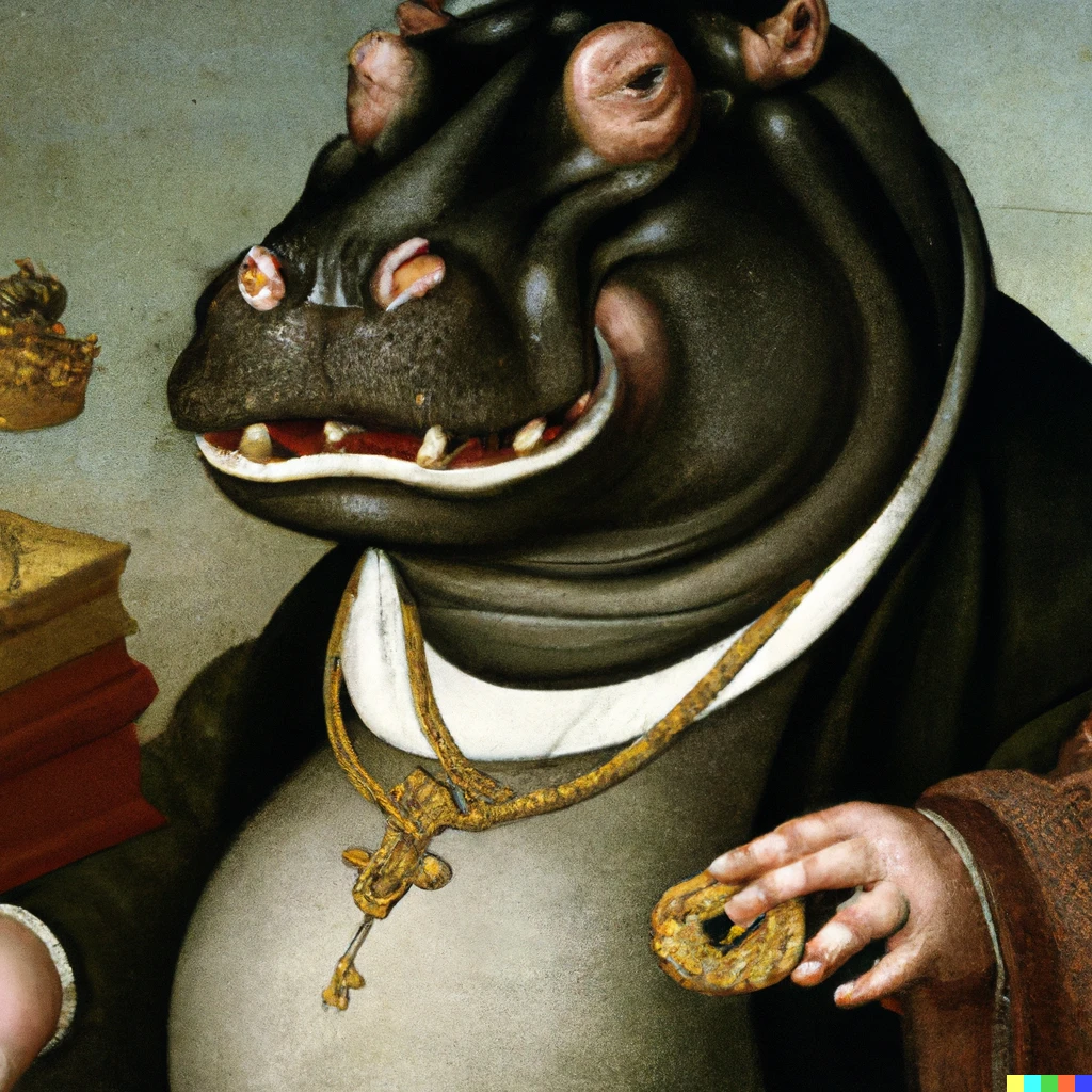Prompt: Deutsch portrait painting from 1600s.  Hippo with monocle, golden teeth and diamond ring 