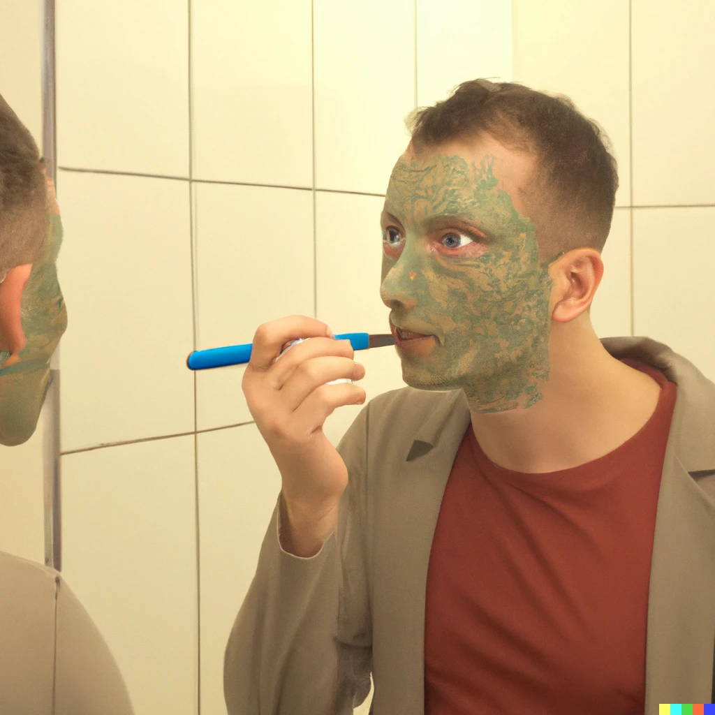 Prompt: Man dressing as dinosaur. Finishing his make up in front of bathroom mirror while smoking