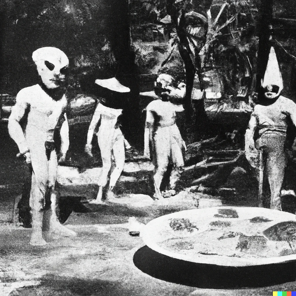 Prompt: An old photograph of space aliens making pizza in central park