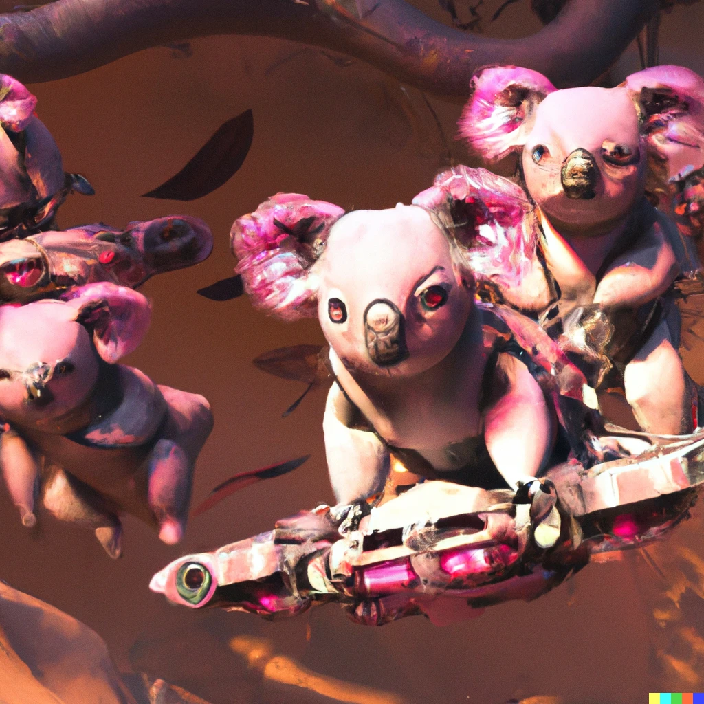 Prompt: 3d render dystopia mad max with pink flying koalas