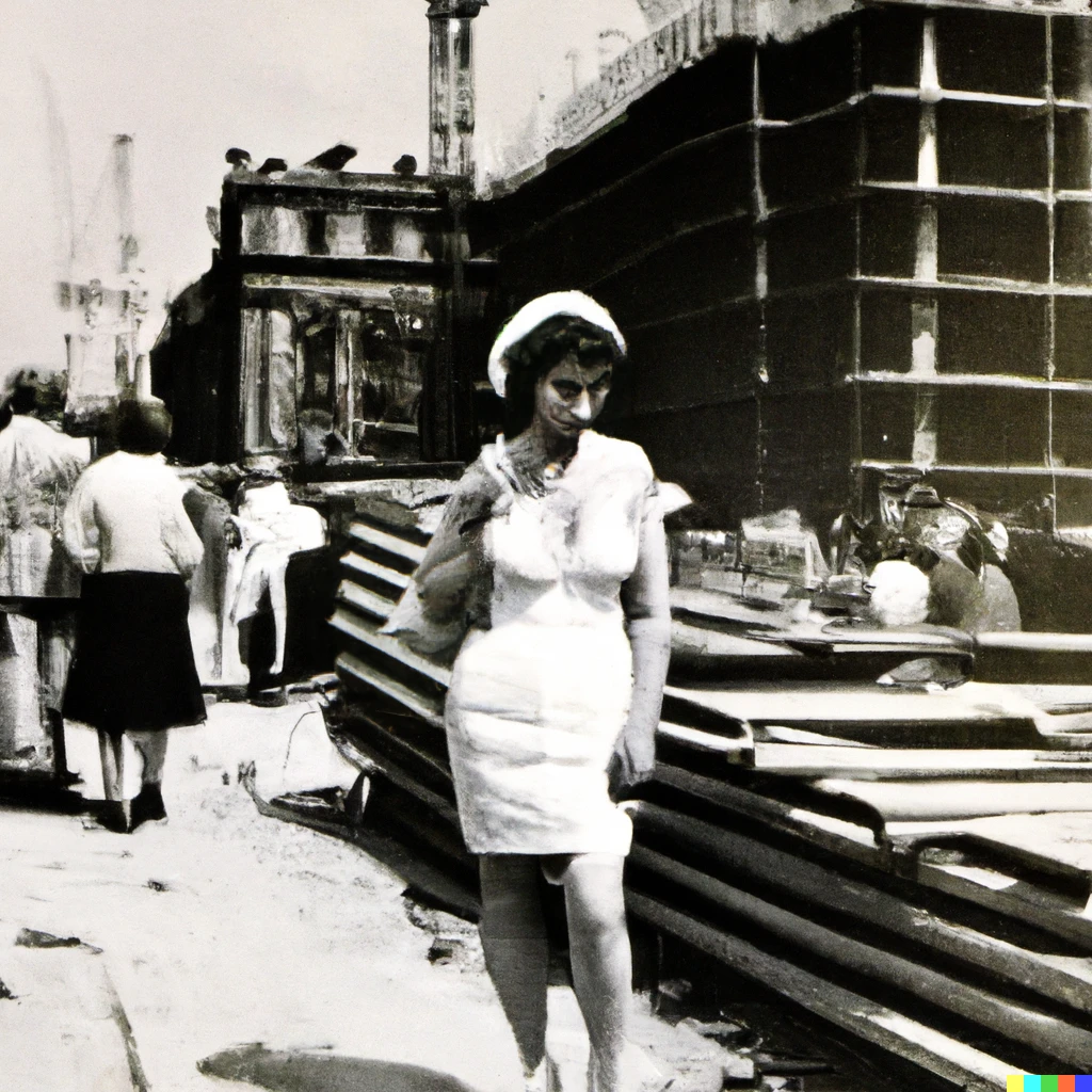 Prompt: Hot summer day. Construction site in london. 1950s. Woman walking by in white dress. Photo 