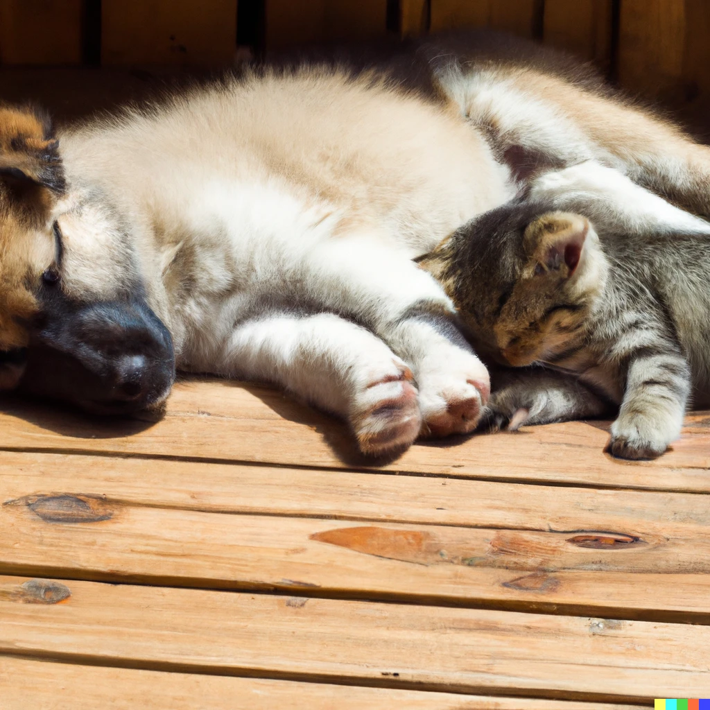 Prompt: photo shepard dog puppy and kitten sleeping on wooden floor. 