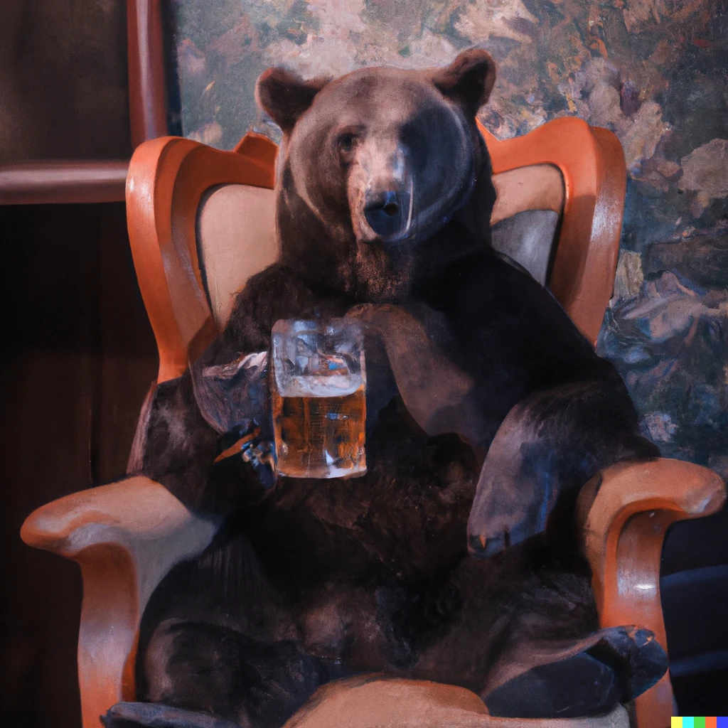 Prompt: Photo of bear sitting on chair drinking beer looking at camera