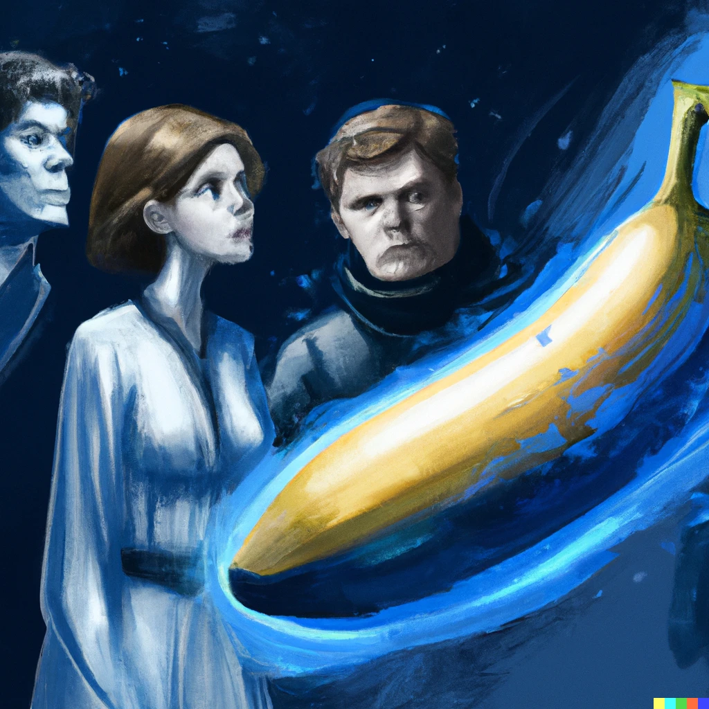Prompt: star wars actors staring at floating blue banana. digital art