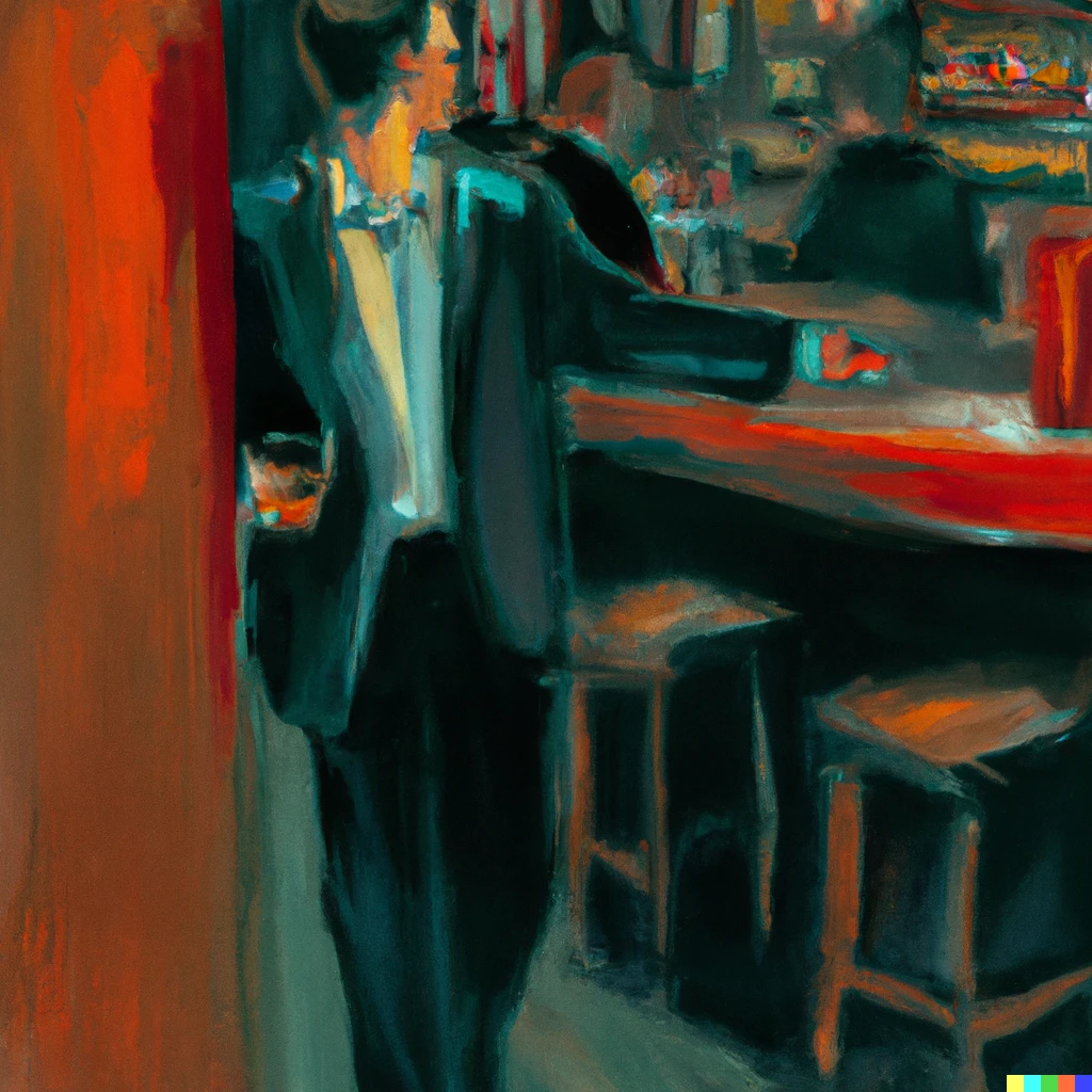 Prompt: Man walks into a bar. Post modern painting