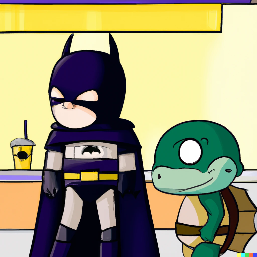 Prompt: Batman and one of the turtles standing in line at mcdonald's. Anime style