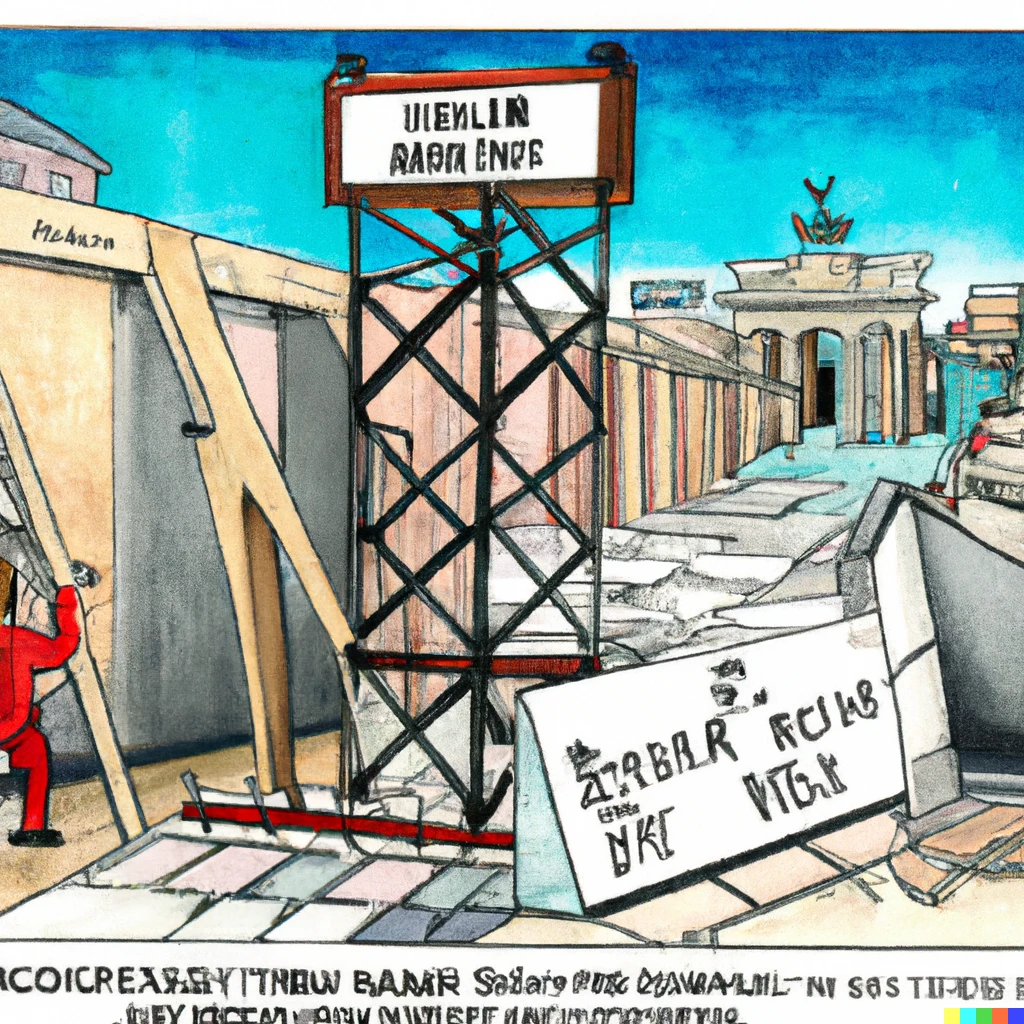 Prompt: berlin wall construction site drawn in style on gary larsons far side