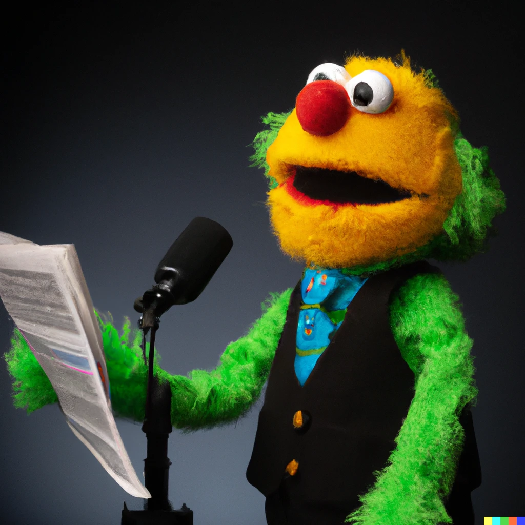 Prompt: Sesame Street puppet working as newsreader