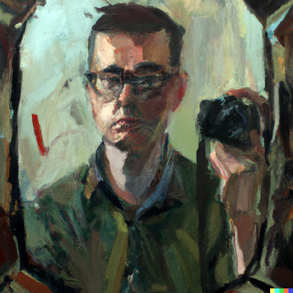 Prompt: Realistis impressionist self portrait from mirror with oil 