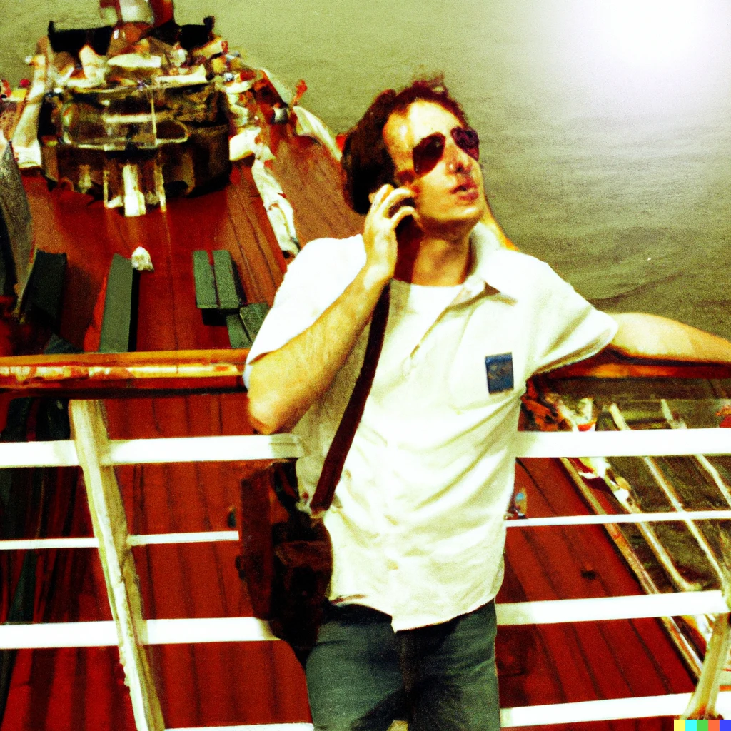 Prompt: lomo photo of man talking to nokia talkman on the deck of titanic