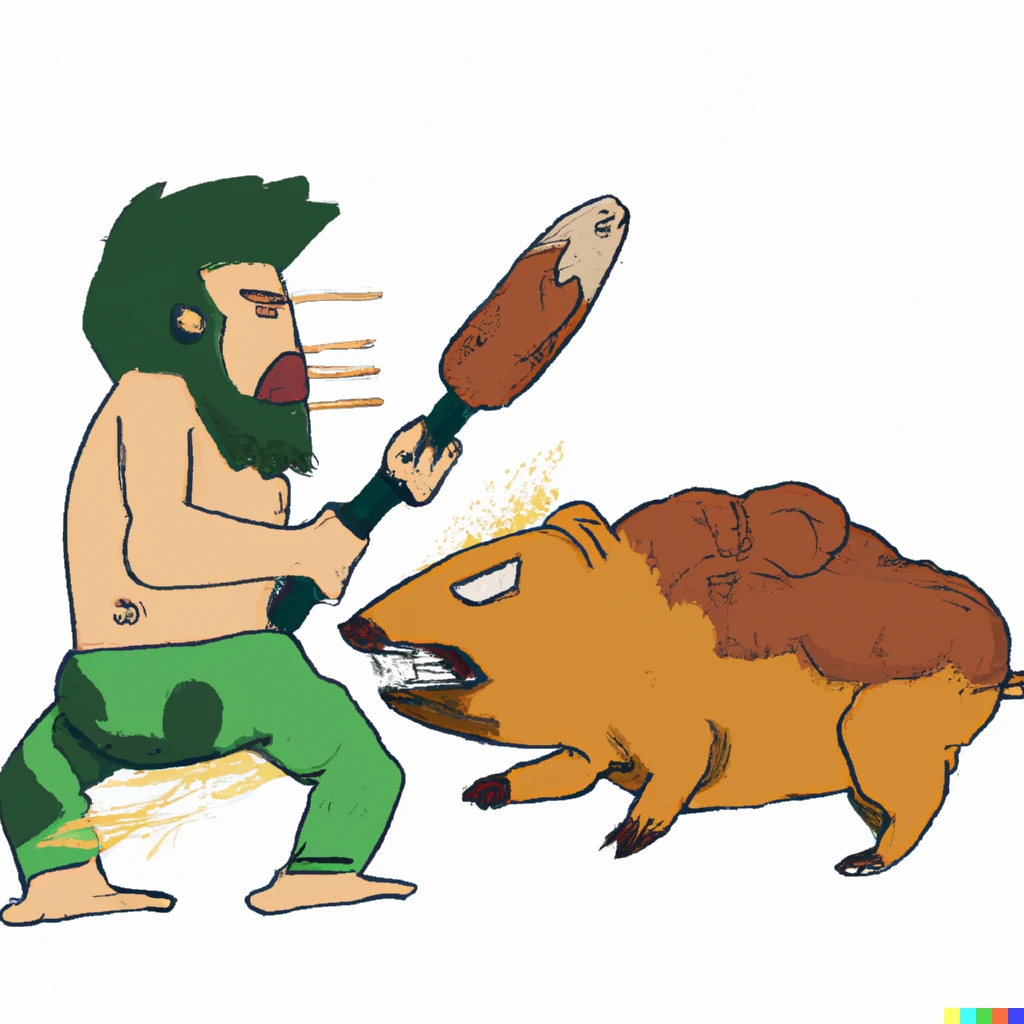 Prompt: A futuristic caveman fighting an angry capybara
