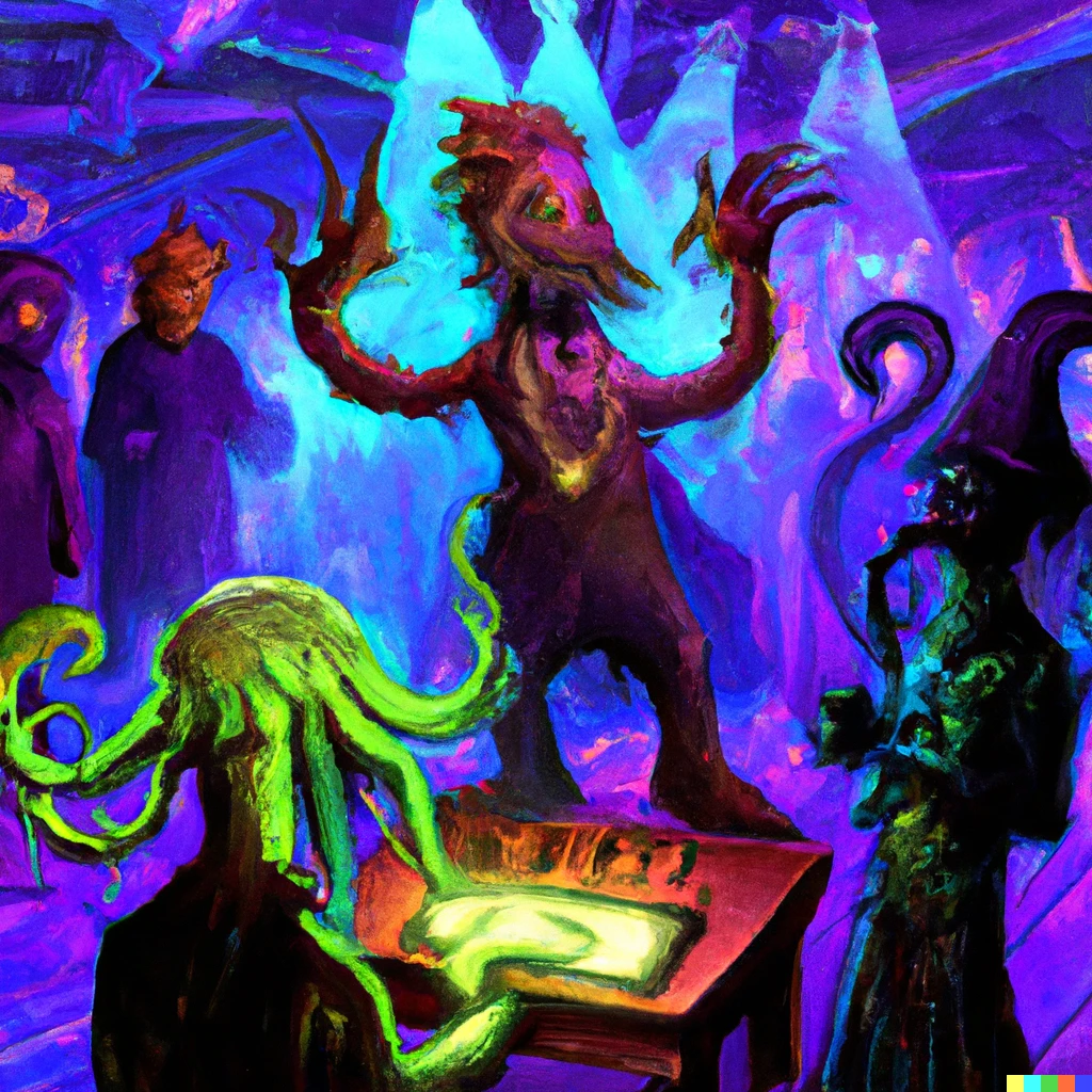 Prompt: cthulhu at the dj table with other old gods dancing on the dance floor