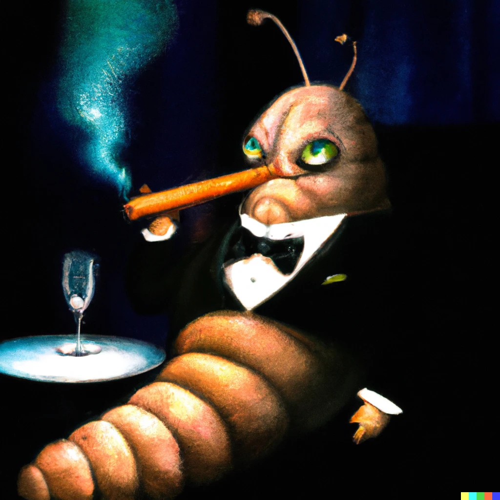 Prompt: Photorealistic portrait of a giant caterpillar in a tuxedo smoking a cigar in a 1920's New York glamour night club