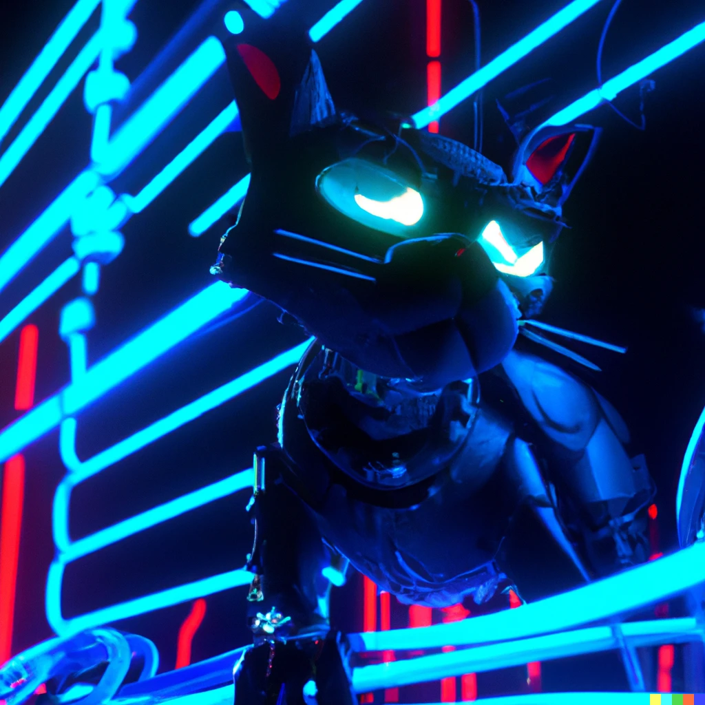 Prompt: Techno Cyberpunk cat, dark alley, blender 3d