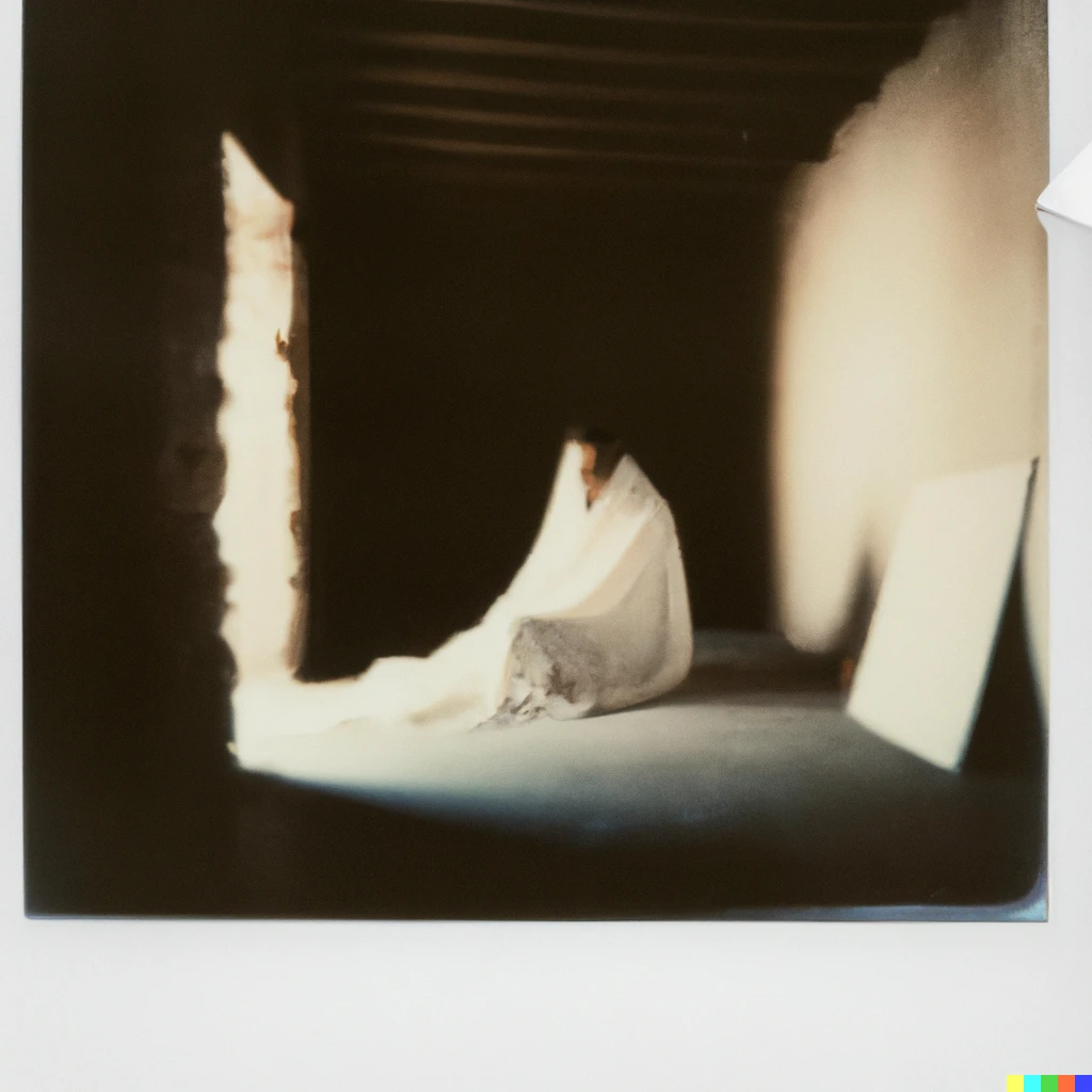 Prompt: A Polaroid photograph of a woman wrapped under a white sheet sitting at the end of a dark hallway made of adobe