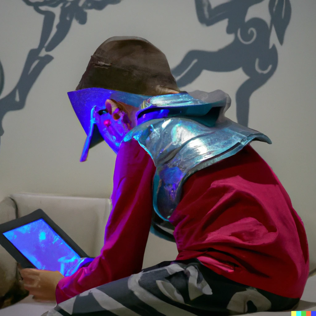 Prompt: a kid plays a game on an ipad that casts holographic armor over his body and head