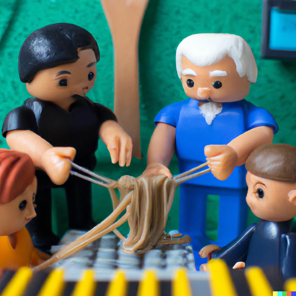 Prompt: lego david attenborough teaching his children to make spaghetti