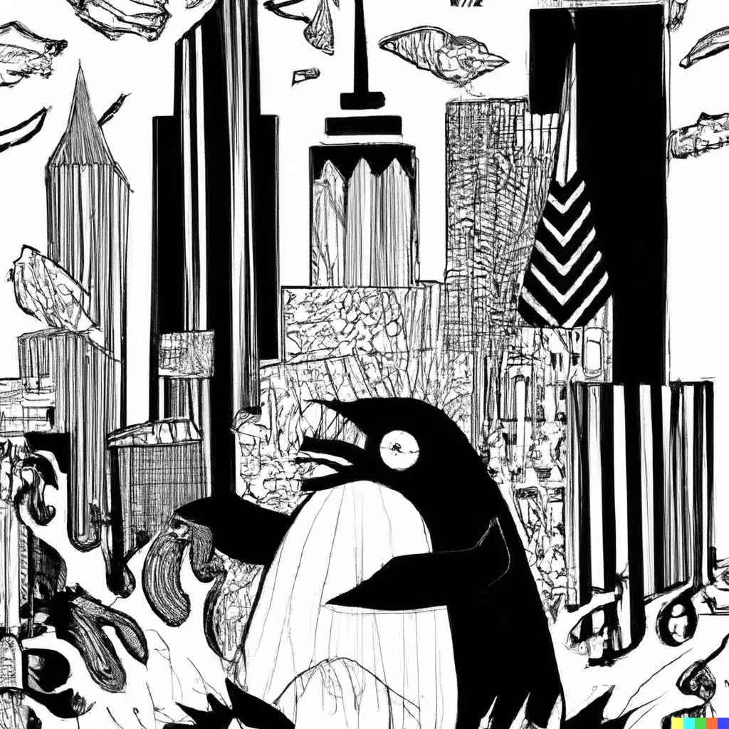 Prompt: pingu as a kaiju destroying downtown New York, as a medieval woodcut