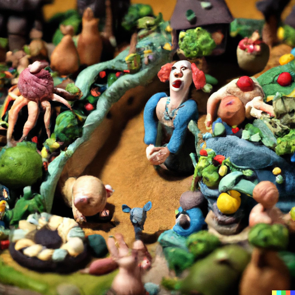 Prompt: garden of earthly delights by hieronymus Bosch in a clay stop motion animation style like Wallace and gromit 