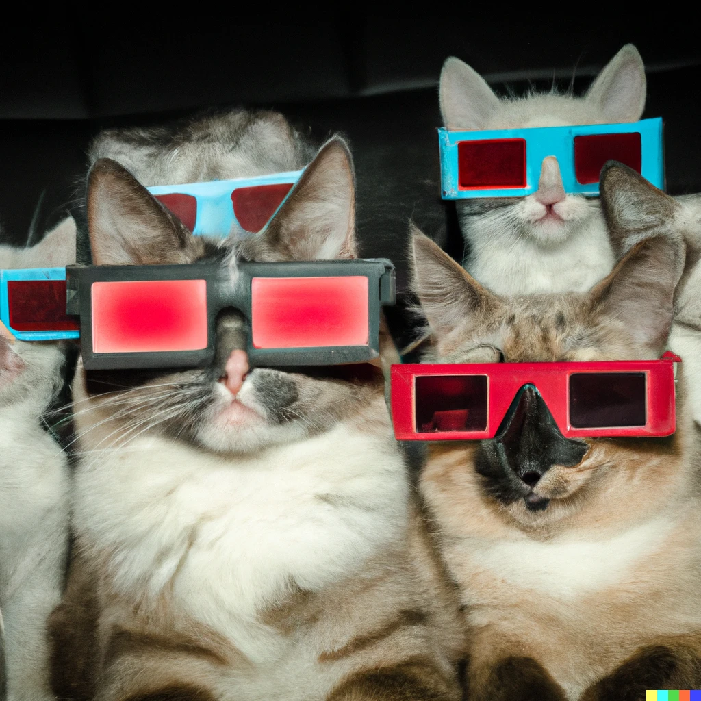 Prompt: A photo of a family of cats at the cinema with 3d glasses on
