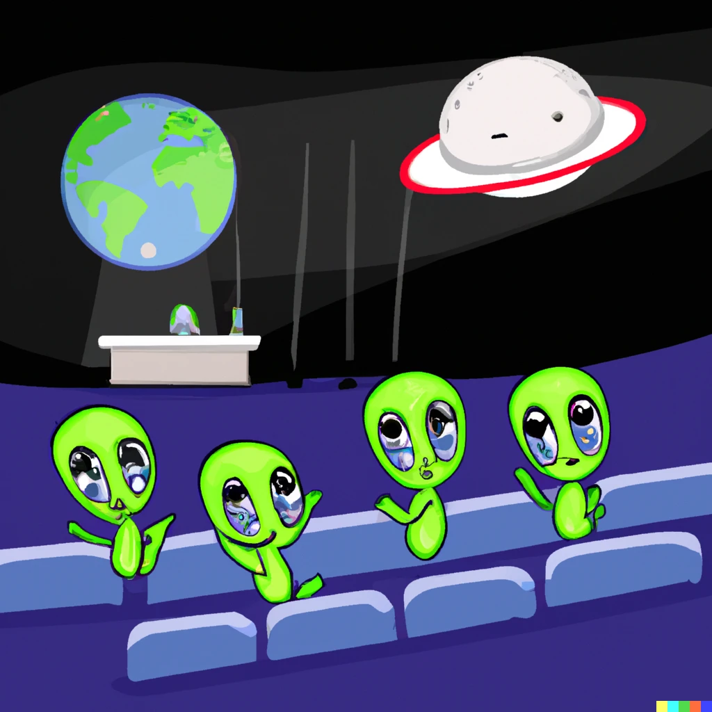 Prompt: Aliens Watching The earth performance on a stage big cartoon 