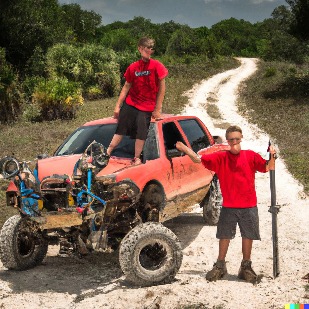 Prompt: Two brothers off roading brother and they got a winch if they need one