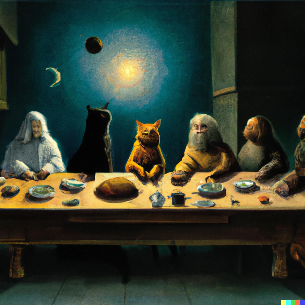 Prompt: The Last Supper, by Leonardo. Where the apostles are spacemen, and Jesus is a black cat. 