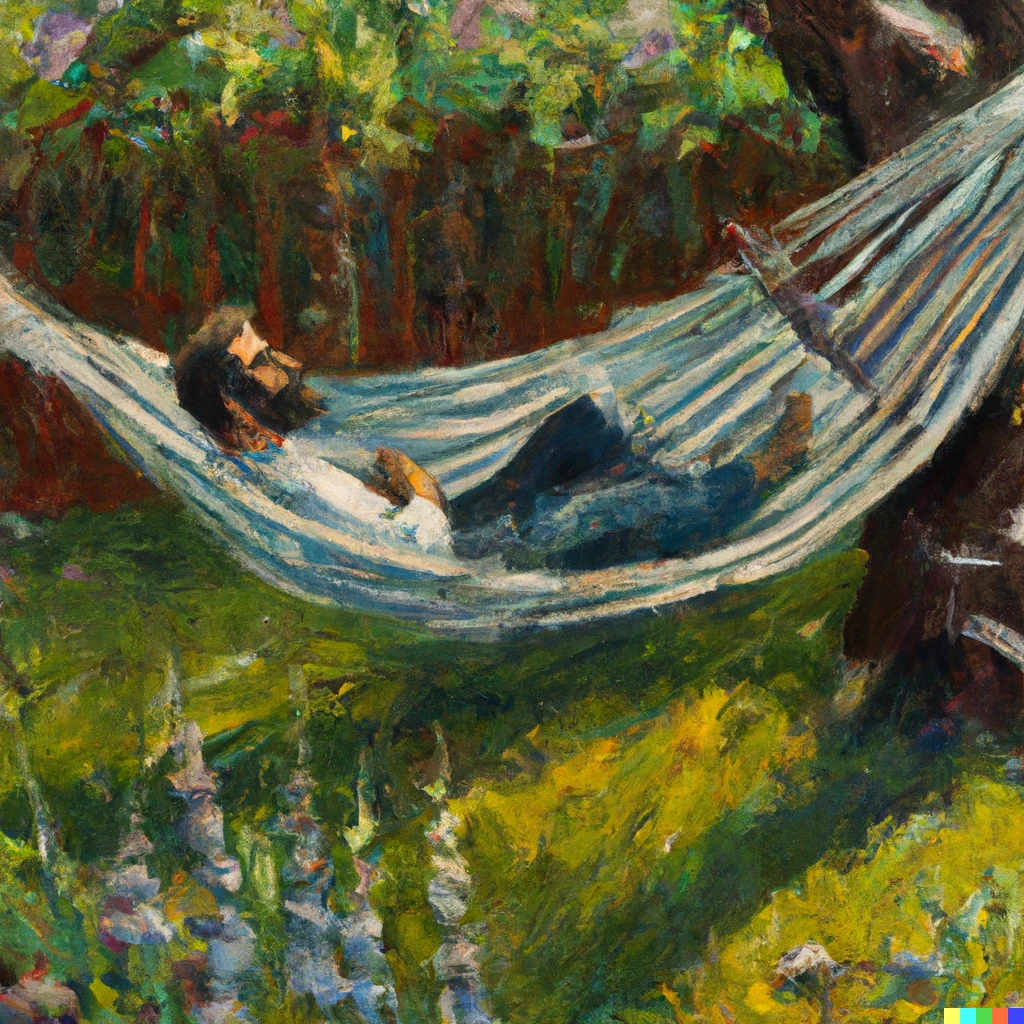 Prompt: An oil painting of a man with a beard lying in a hammock in his garden on a beautiful sunny day, digital art