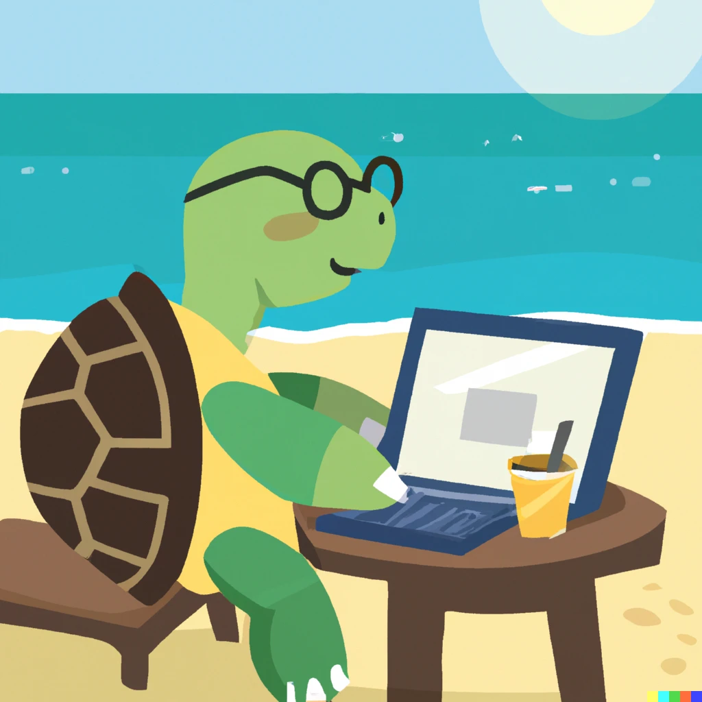 Prompt: Coding turtle character like digital nomad with macbook on the beach on vacation