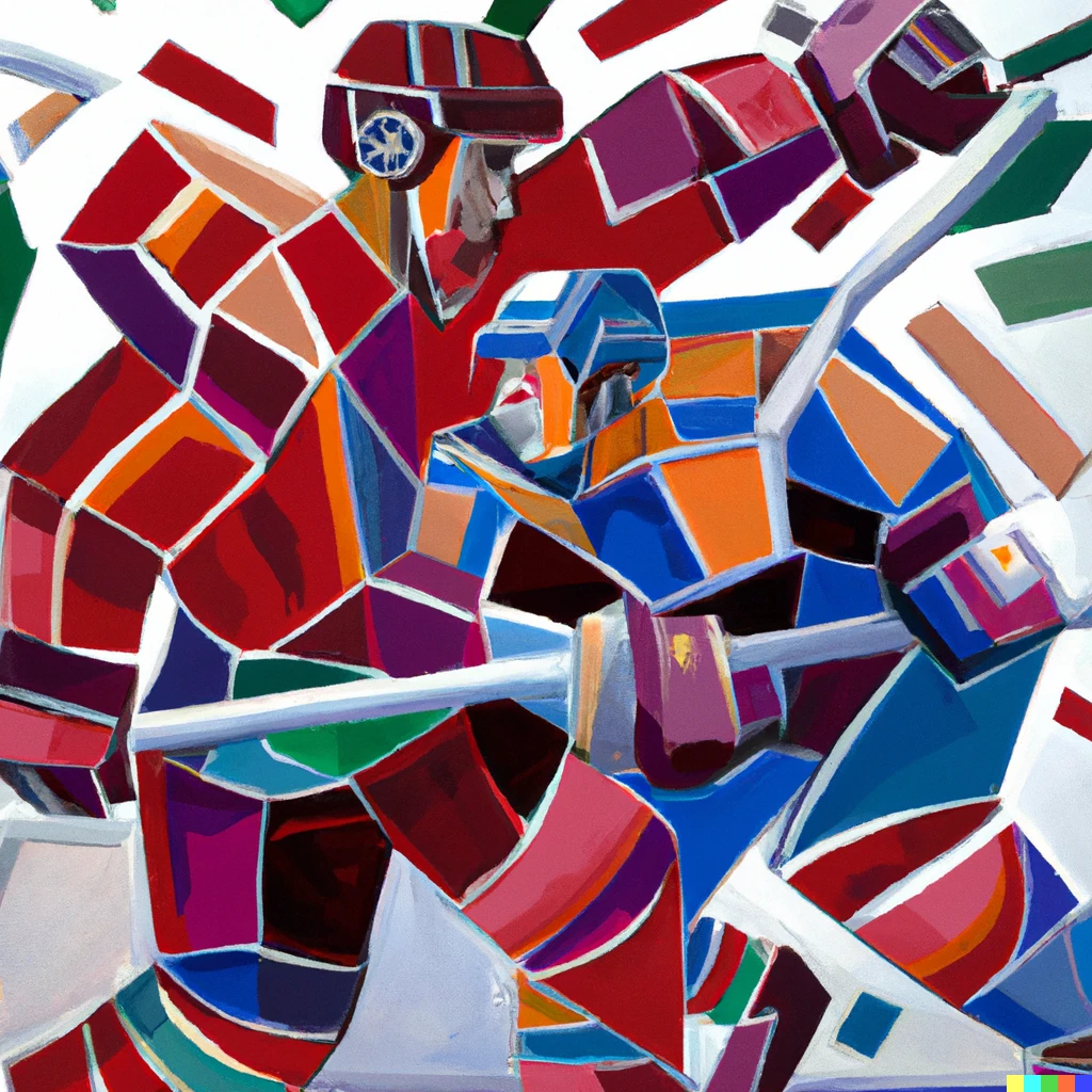 Prompt: cubist painting of hockey players fighting on the ice