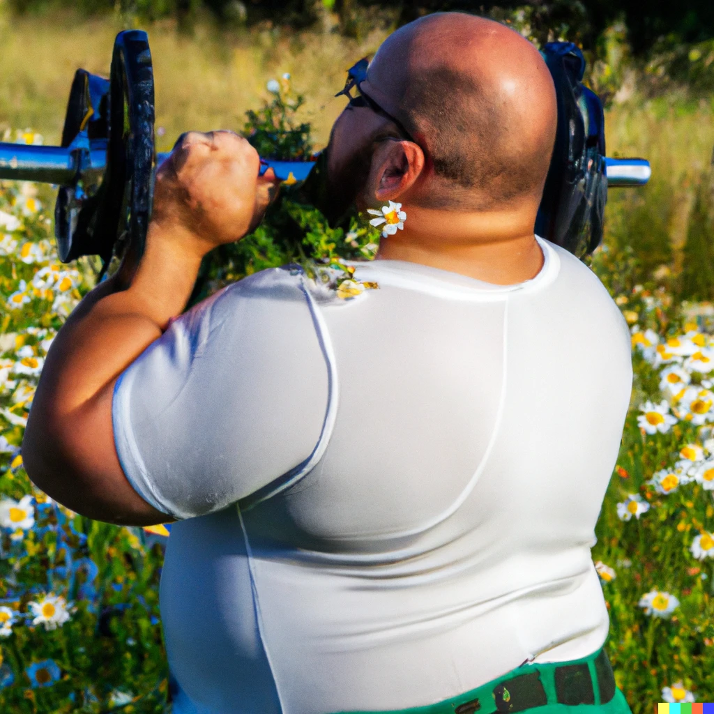 Prompt: Fat powerlifting picking daisies in a picturesque field
