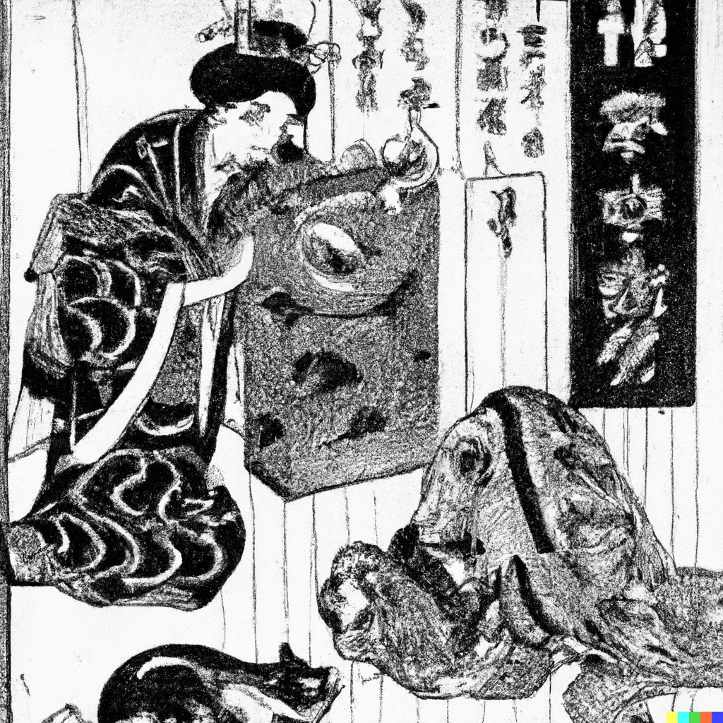 Prompt: Woodblock print, oban tate-e. A woman with an deer-patterned robe rolling up a letter, watching a cat that has its head stuck in a paper bag (Inset: Jurojin seated beside a deer).