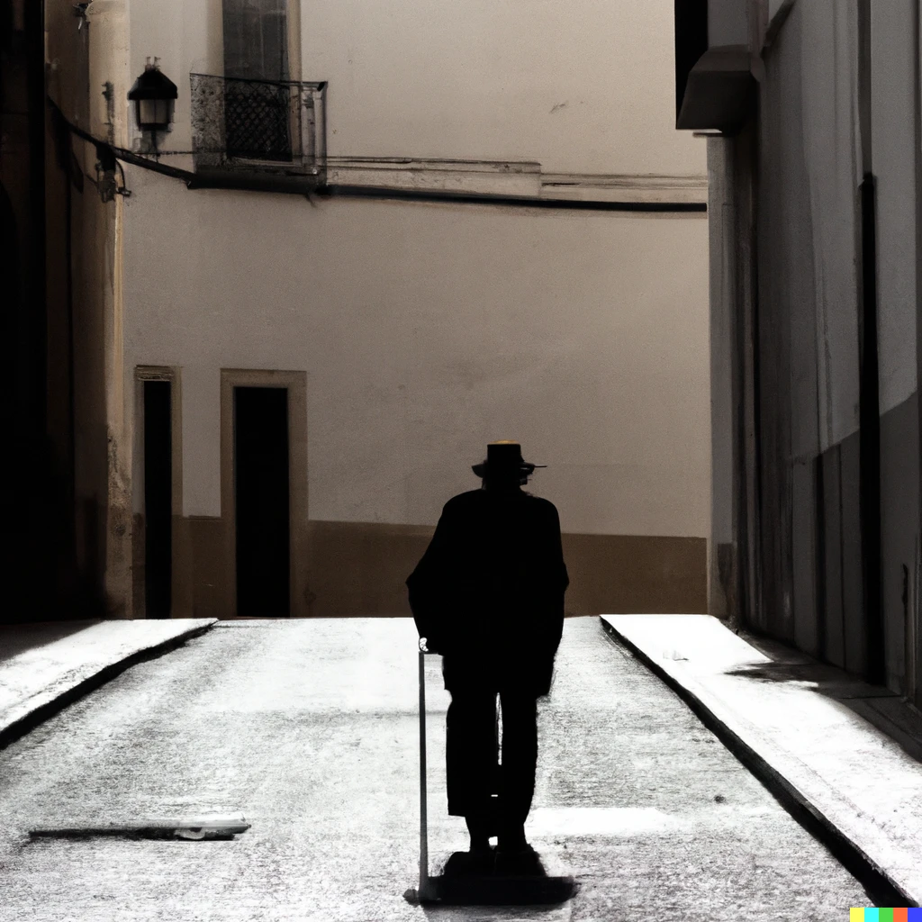Prompt: Silhouette of an old man with a cane walking down a long empty street