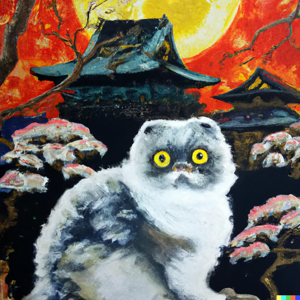 Prompt: a scottish fold cat in the style of Utagawa Kunisada's "Haunted Old Palace at Soma"