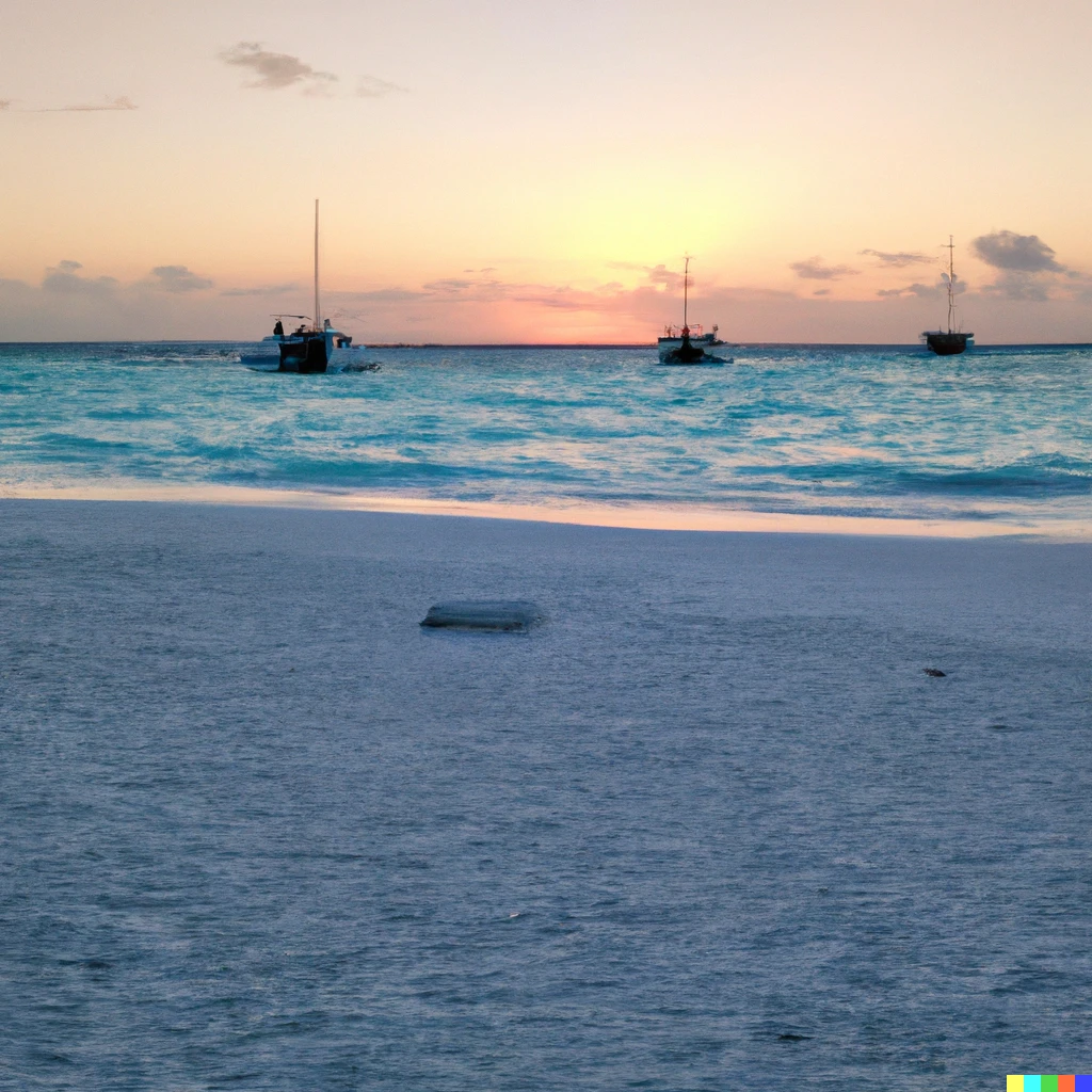 Prompt: Seeing a sunset on a white sand beach with turquoise blue water with 3 boats in the distance