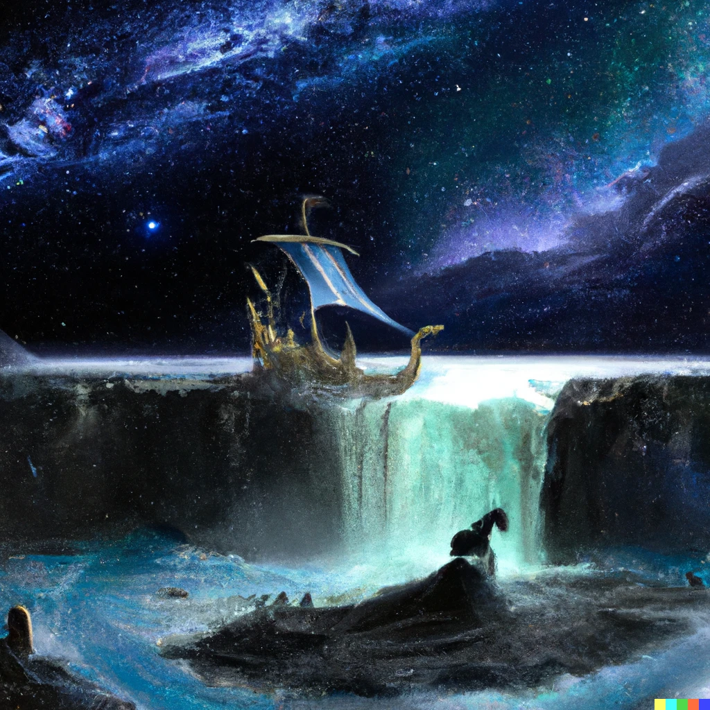 Prompt: A viking ship on the edge of flat earth, storm, waterfall. the universe with shiny stars as background, digital art