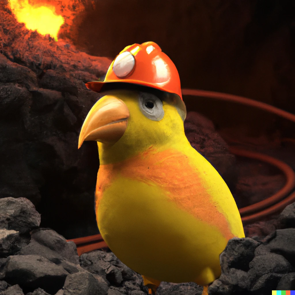 Prompt: 3d render of a Canary bird with a yellow security helmet in a mine with flowing lava, digital art