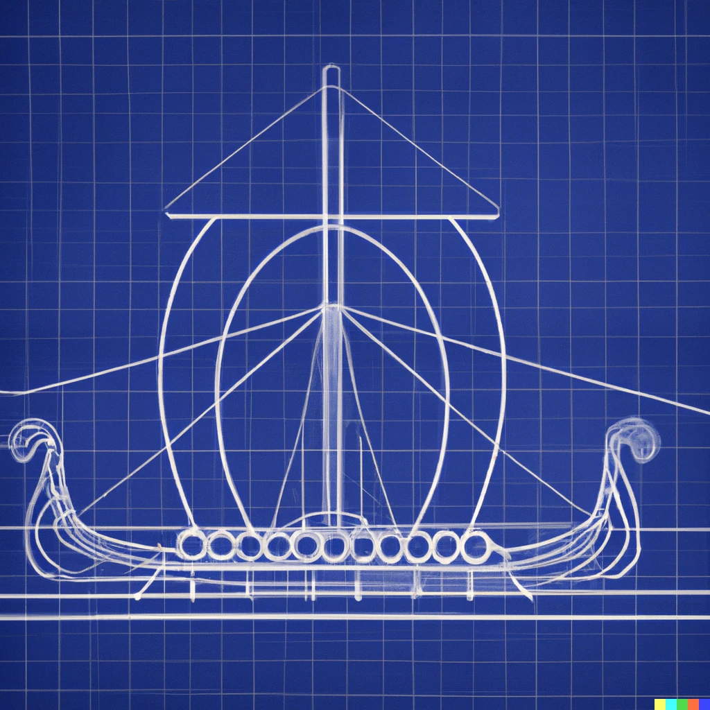 Prompt: Blueprint drawing of a viking ship