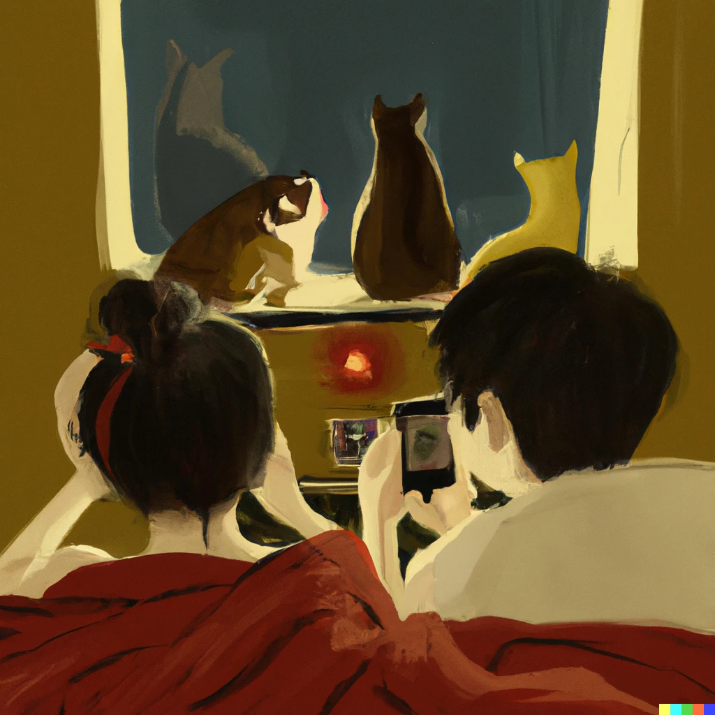 Prompt: A painting of a comfy couple laying on the bed watching tiktoks at night with three cats sitting on then